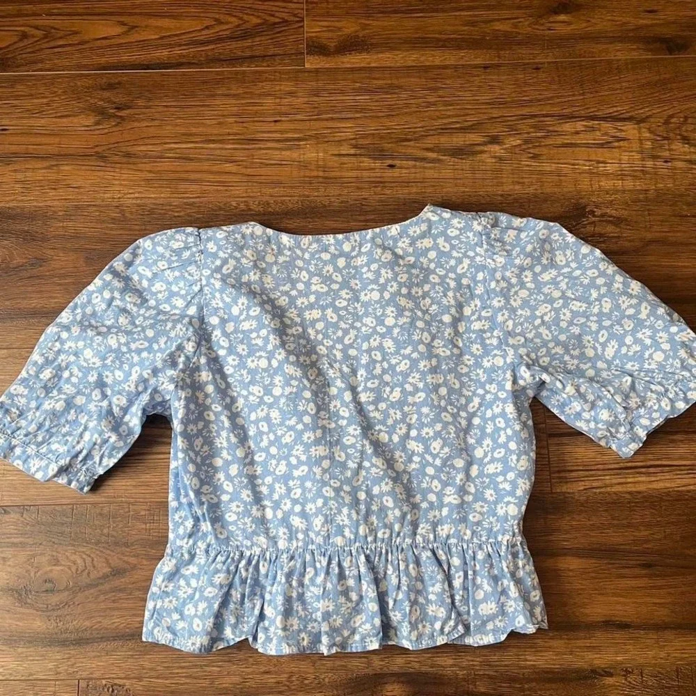 Zara Blue Floral Crop Top Women XS Vneck Puff Sleeves Coquette Cottagecore Boho - Picture 5 of 5